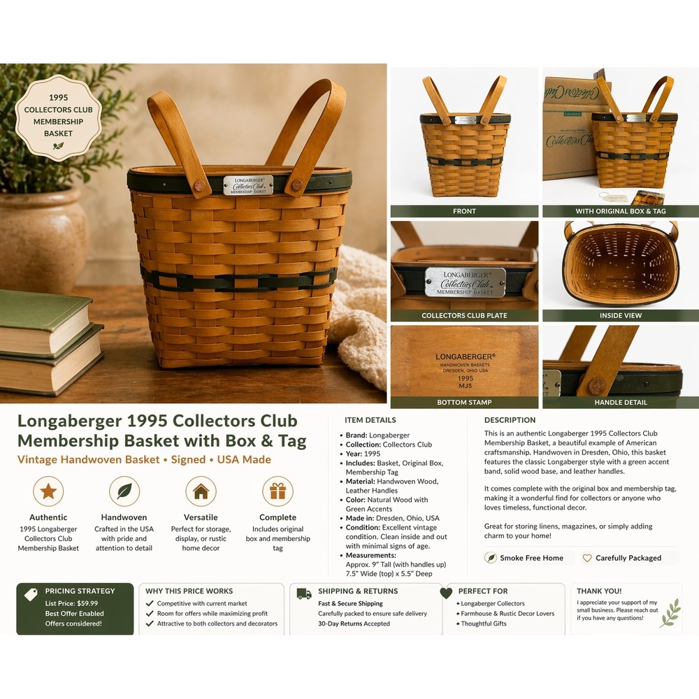 Longaberger 1995 Collectors Club Membership Basket w Box Signed USA